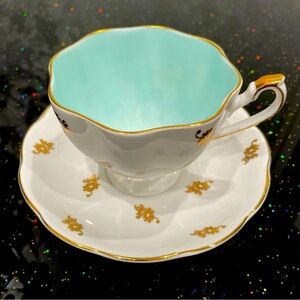 Queen Anne Fine Bone China Gold Floral Pale Blue Footed Teacup & Saucer England
